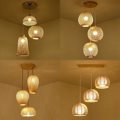 Set of Three Hand-Knitted Bamboo Rattan Pendant Lights