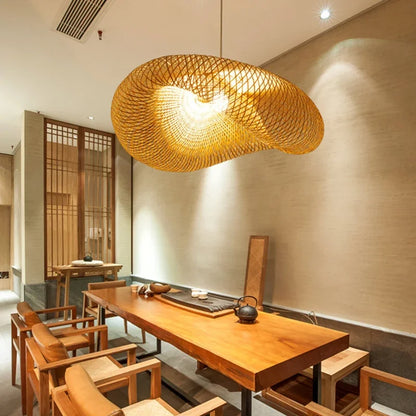 Chinese Handmade Bamboo Wicker Wave Pendant Light