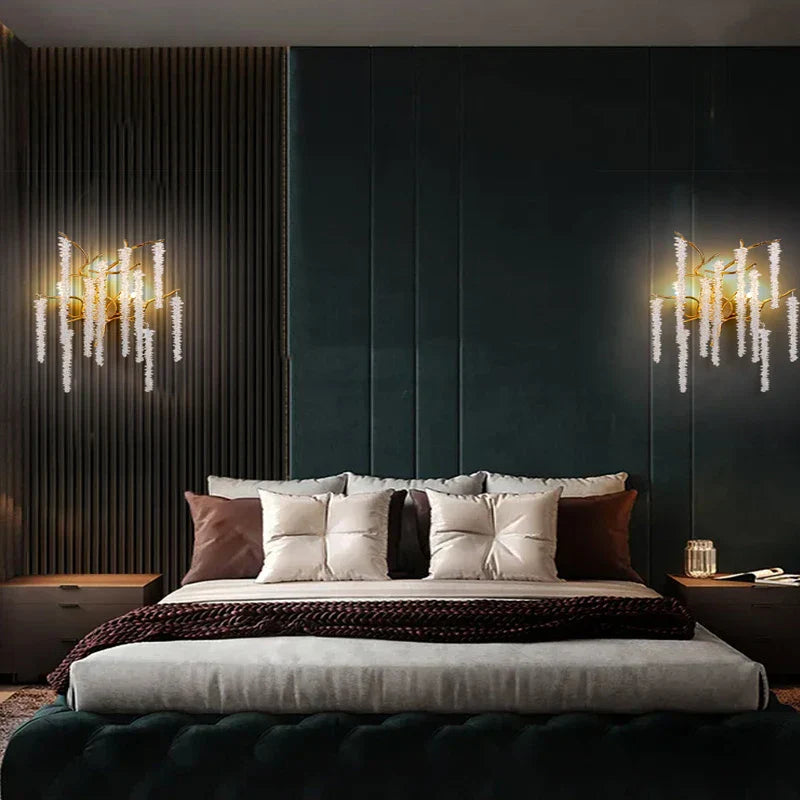 Modern Crystal G9 LED Wall Lights - Cherry Blossoms and Branches Sconce in Gold Aluminum, Designer Art Deco for Parlors, Bedrooms, and Dining Areas