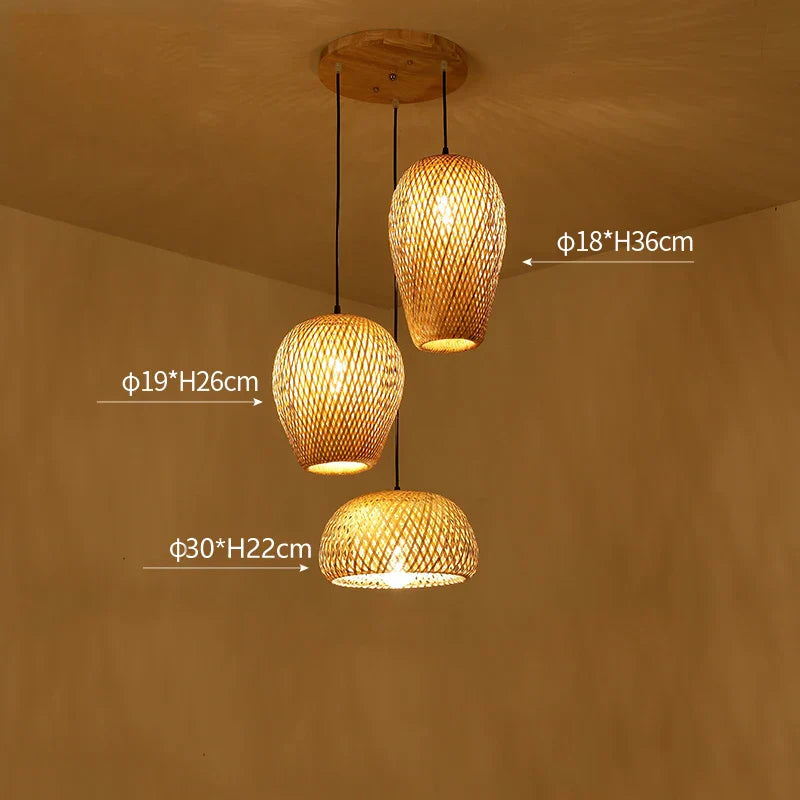 Set of Three Hand-Knitted Bamboo Rattan Pendant Lights