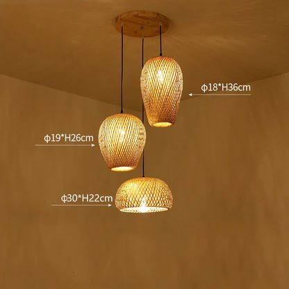 Set of Three Hand-Knitted Bamboo Rattan Pendant Lights