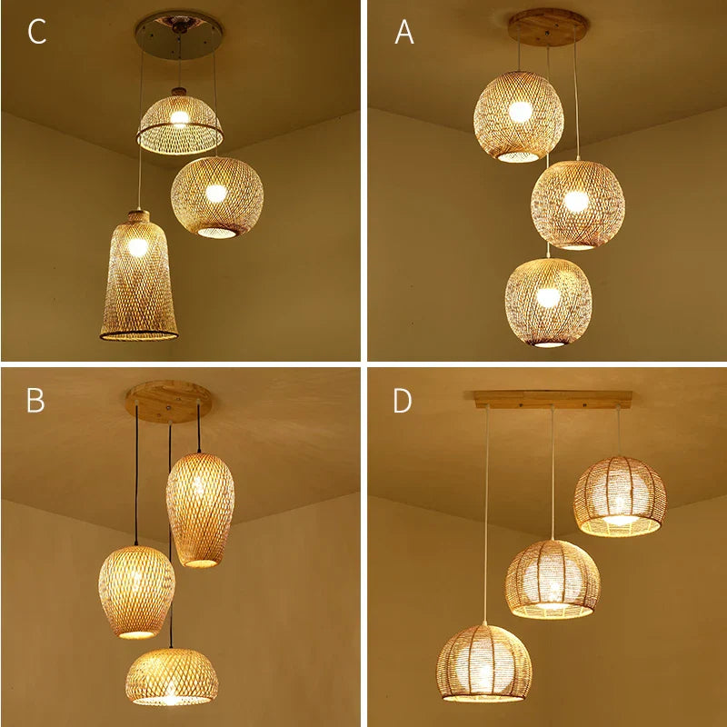 Set of Three Hand-Knitted Bamboo Rattan Pendant Lights
