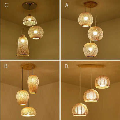Set of Three Hand-Knitted Bamboo Rattan Pendant Lights