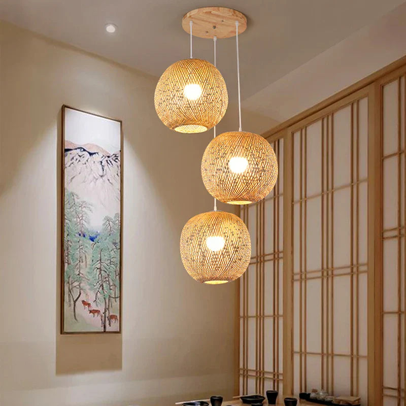 Set of Three Hand-Knitted Bamboo Rattan Pendant Lights