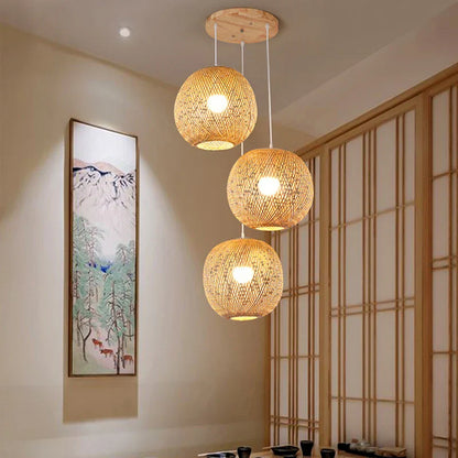 Set of Three Hand-Knitted Bamboo Rattan Pendant Lights