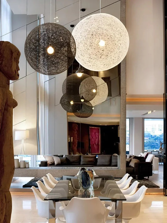 Iron & Acrylic Spherical LED Pendant Light with Rattan-Inspired Weave