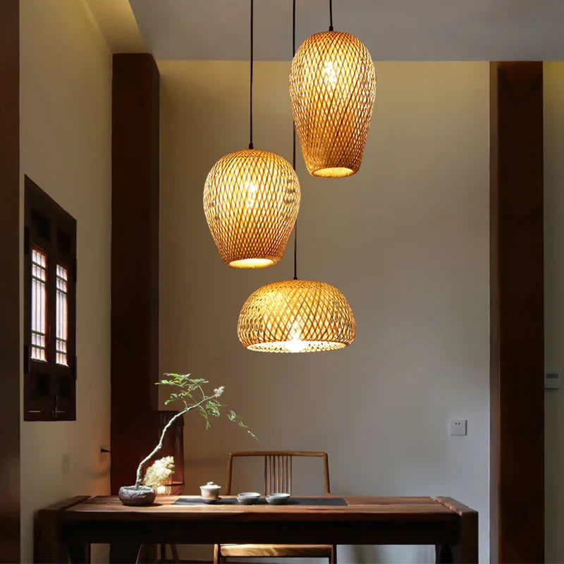 Set of Three Hand-Knitted Bamboo Rattan Pendant Lights