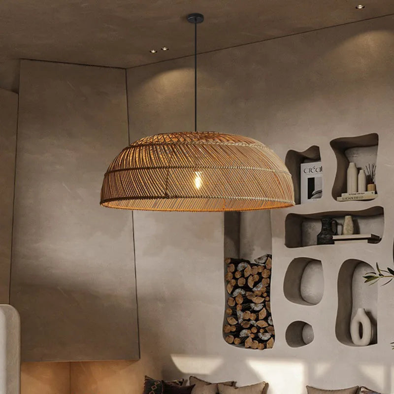 Chinoiserie Flat Rattan Pendant Light for Refined Interiors