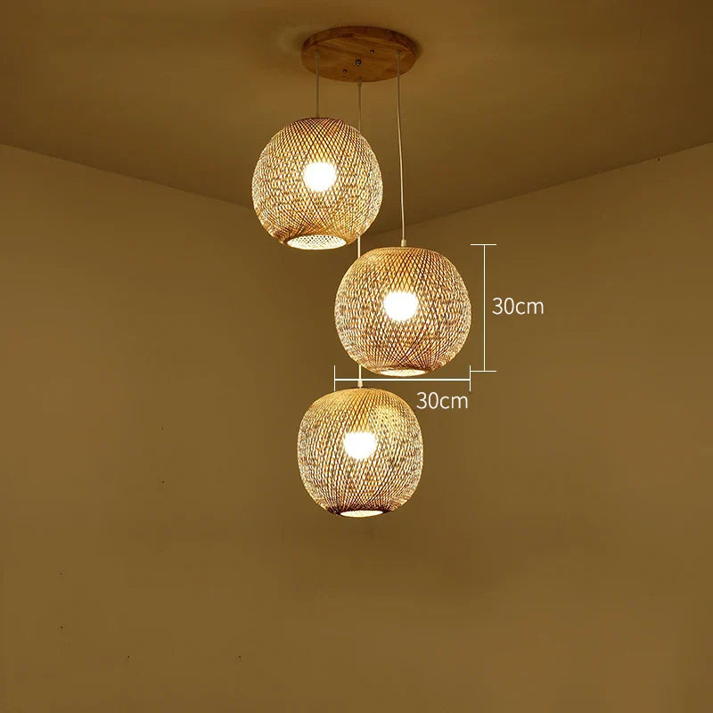 Set of Three Hand-Knitted Bamboo Rattan Pendant Lights