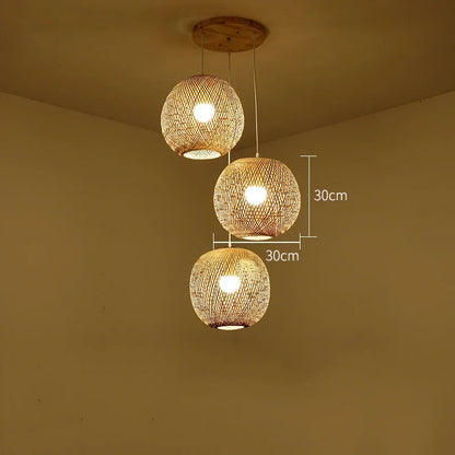 Set of Three Hand-Knitted Bamboo Rattan Pendant Lights