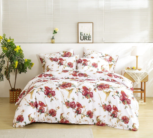 Tache Floral Hummingbirds Burgundy White Vintage Rose Garden Reversible Duvet Cover (SD-7676)