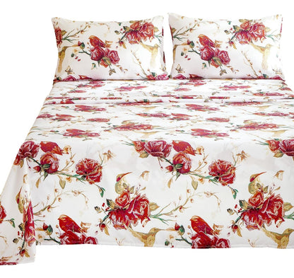 Tache Floral Hummingbirds Burgundy White Vintage Rose Garden Bed Sheet Set (SD-7676)