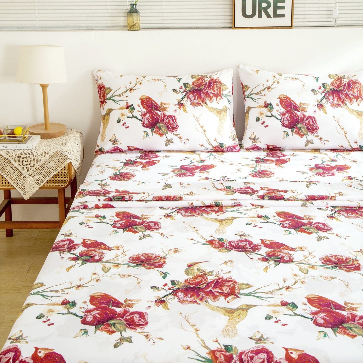 Tache Floral Hummingbirds Burgundy White Vintage Rose Garden Bed Sheet Set (SD-7676)
