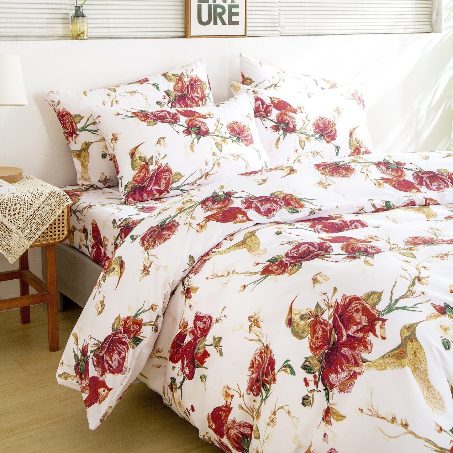 Tache Floral Hummingbirds Burgundy White Vintage Rose Garden Reversible Duvet Cover (SD-7676)