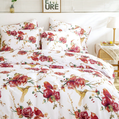 Tache Floral Hummingbirds Burgundy White Vintage Rose Garden Reversible Duvet Cover (SD-7676)
