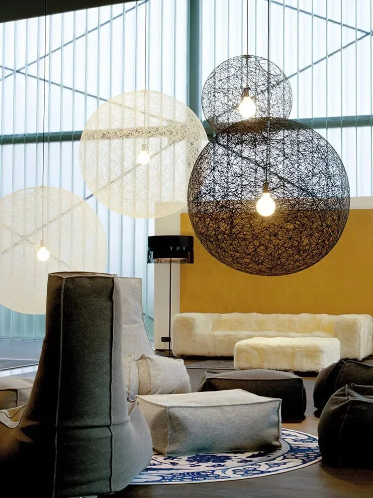 Iron & Acrylic Spherical LED Pendant Light with Rattan-Inspired Weave