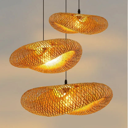 Chinese Handmade Bamboo Wicker Wave Pendant Light