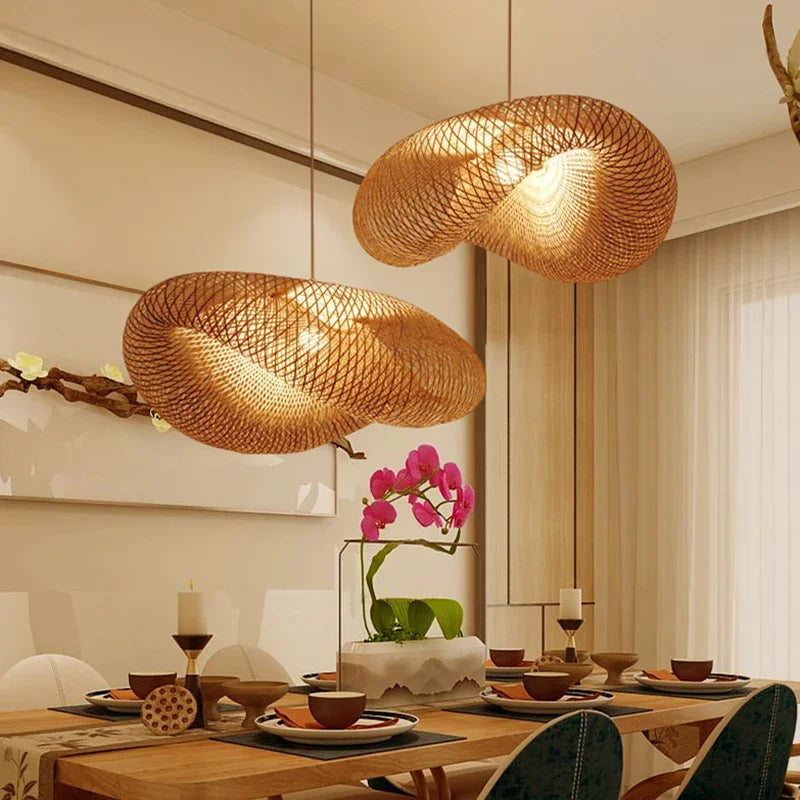 Chinese Handmade Bamboo Wicker Wave Pendant Light