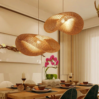 Chinese Handmade Bamboo Wicker Wave Pendant Light