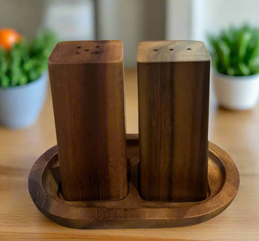 Acacia Wood Salt and Pepper Shakers with Base