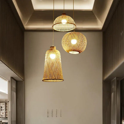 Set of Three Hand-Knitted Bamboo Rattan Pendant Lights