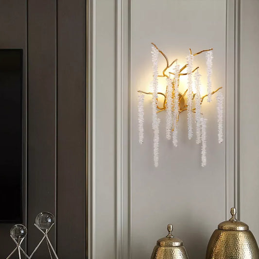 Modern Crystal G9 LED Wall Lights - Cherry Blossoms and Branches Sconce in Gold Aluminum, Designer Art Deco for Parlors, Bedrooms, and Dining Areas