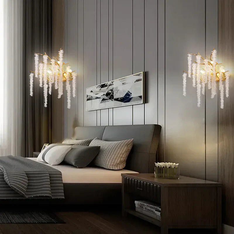 Modern Crystal G9 LED Wall Lights - Cherry Blossoms and Branches Sconce in Gold Aluminum, Designer Art Deco for Parlors, Bedrooms, and Dining Areas