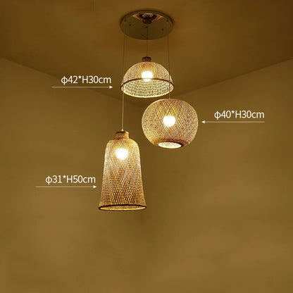 Set of Three Hand-Knitted Bamboo Rattan Pendant Lights