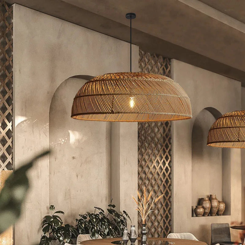 Chinoiserie Flat Rattan Pendant Light for Refined Interiors
