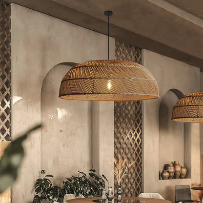 Chinoiserie Flat Rattan Pendant Light for Refined Interiors