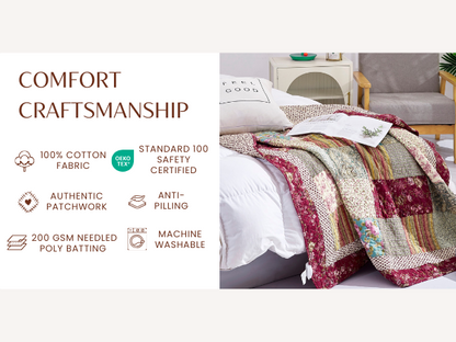 Tache Fairy Tale Tea Party Beige Burgundy Paisley Floral Cotton Patchwork Quilted Throw Blanket (DXJ103443)