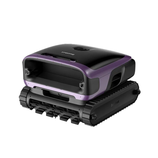 Sora 70 robotic pool cleaner in midnight blue beside a clear backyard swimming pool
