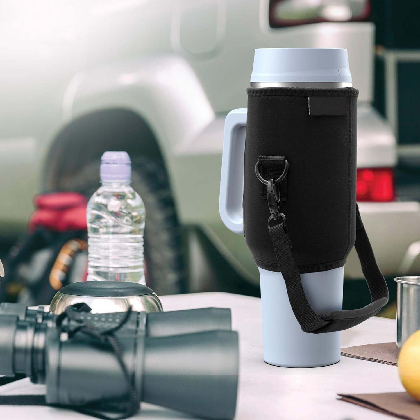 40 oz Tumbler Cup with Handle and Carrier Bag, 24-Hour Insulated Water Bottle with Straw Lid, Neoprene Carrying Sleeve and Hand Strap