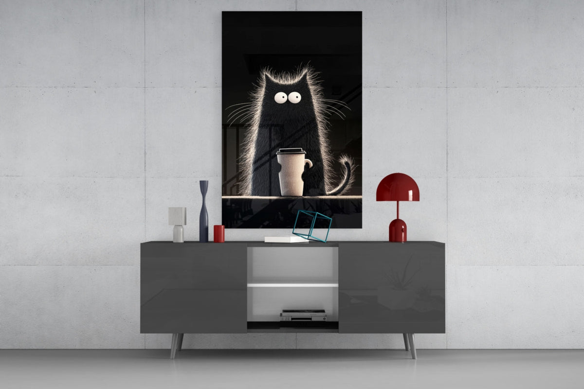 Coffee Lover Cat Glass Wall Art || Designer Collection