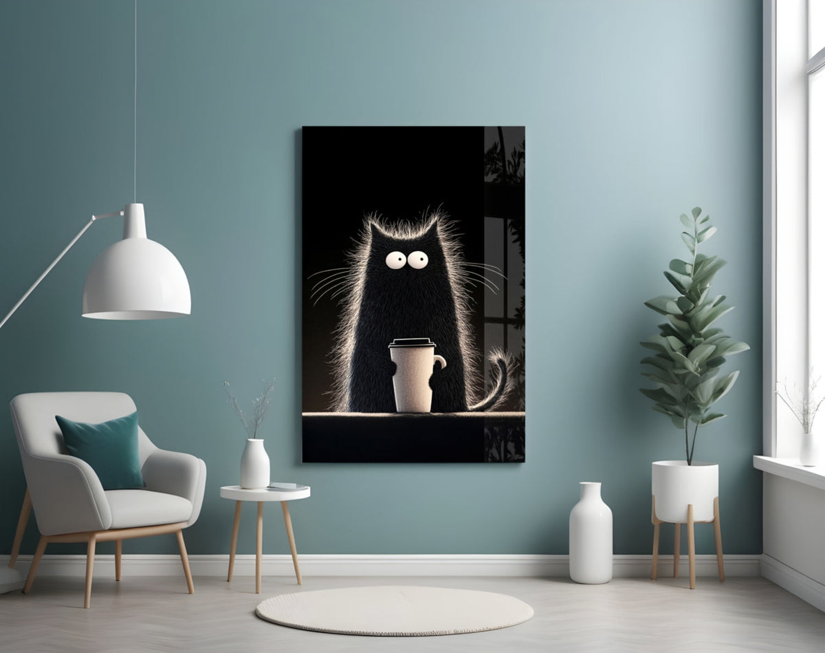 Coffee Lover Cat Glass Wall Art || Designer Collection
