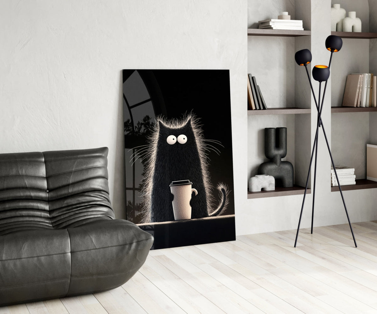 Coffee Lover Cat Glass Wall Art || Designer Collection