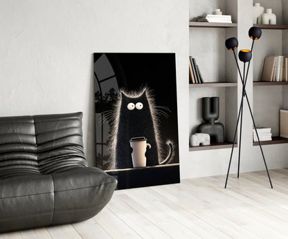Coffee Lover Cat Glass Wall Art || Designer Collection