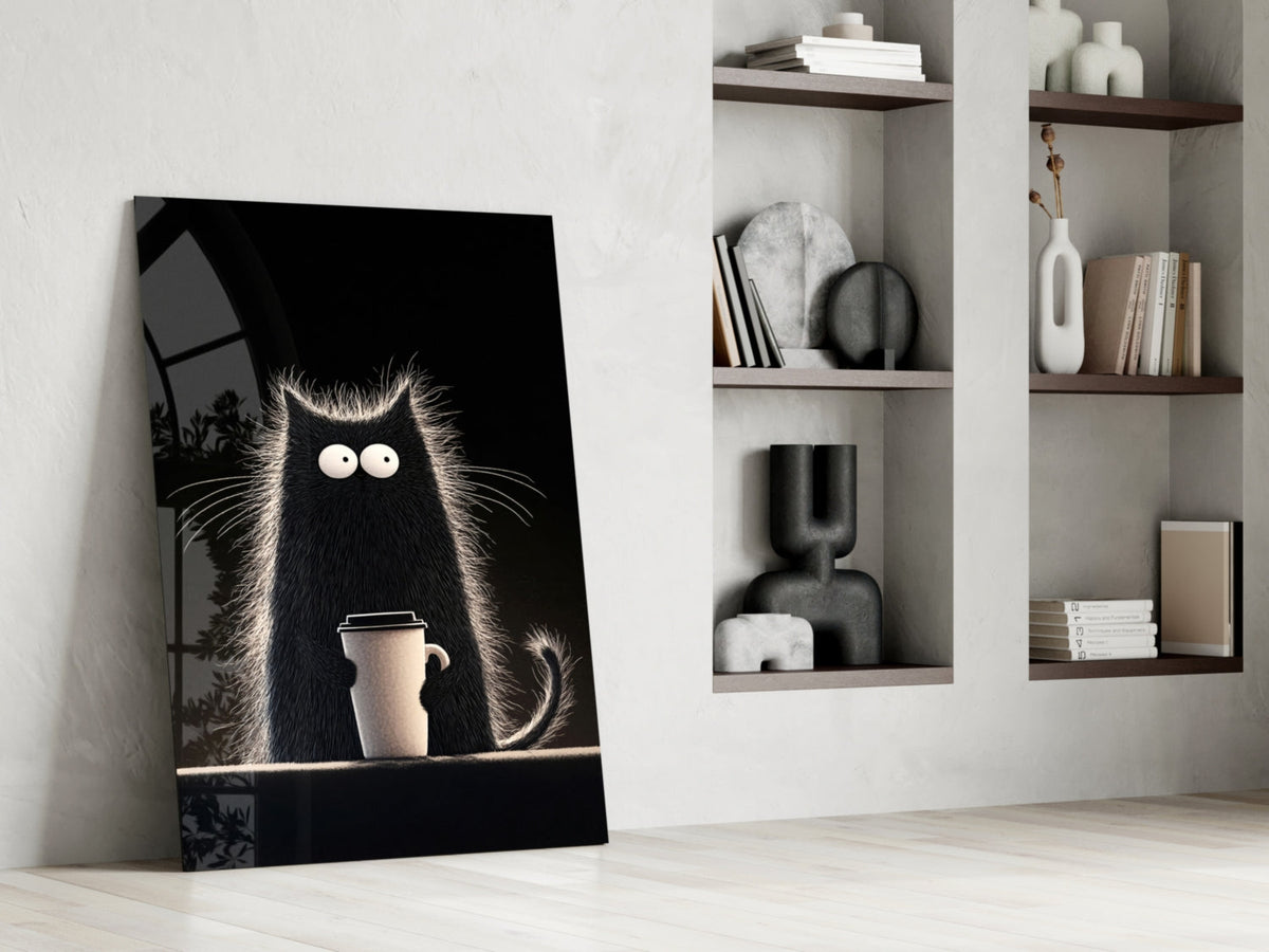 Coffee Lover Cat Glass Wall Art || Designer Collection