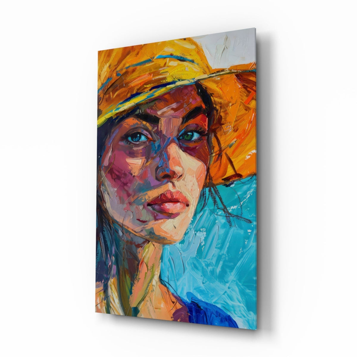 Woman in Orange Hat Glass Wall Art || Designer Collection