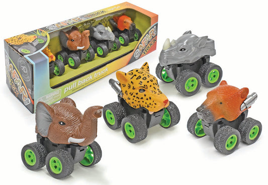 4-Pack Safari Animal Pull Back Trucks