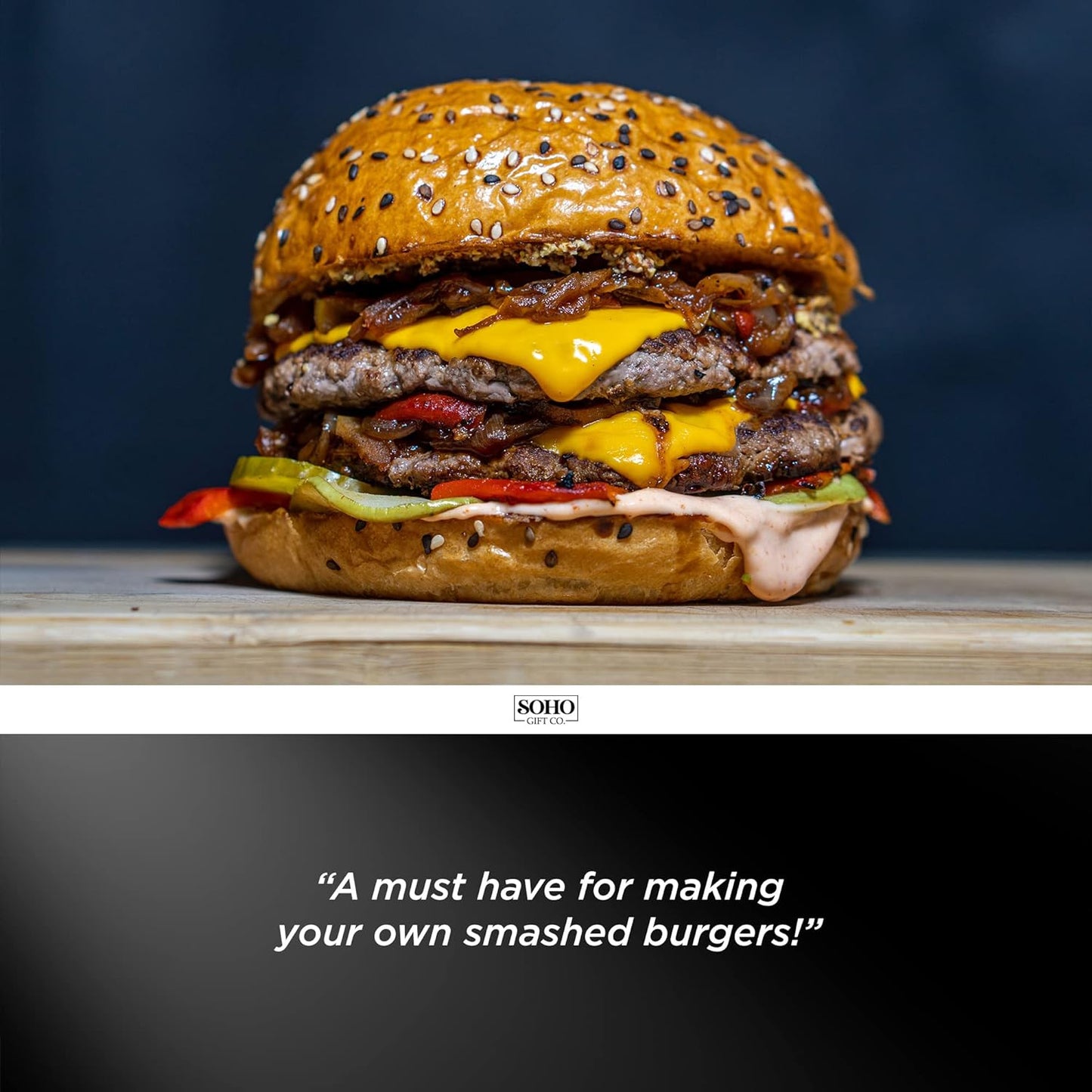 BBQ Press Grilling Gift for DAD The Grill Boss - Stainless Steel Smash Burger Press for Hamburger/Bacon with Wood Handle & Beer Opener (for Christmas, Birthday, Fathers Day)