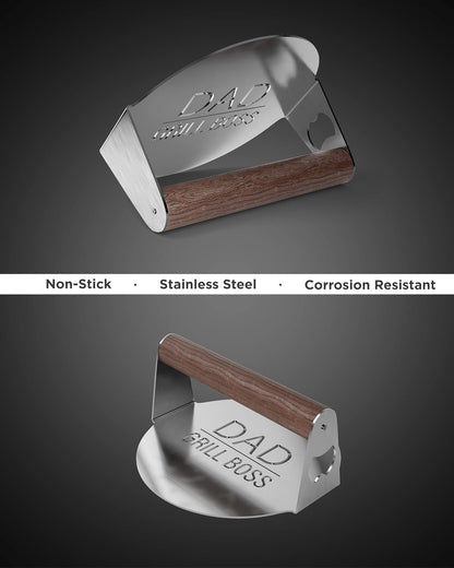 BBQ Press Grilling Gift for DAD The Grill Boss - Stainless Steel Smash Burger Press for Hamburger/Bacon with Wood Handle & Beer Opener (for Christmas, Birthday, Fathers Day)