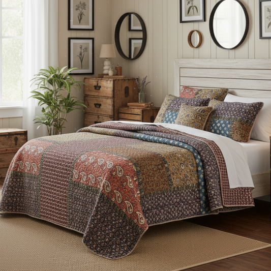 Cotton Patchwork Quilt Set with Sunset Blooms Floral Design