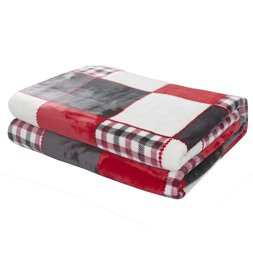 Tache Holiday Red Farmhouse Plaid Patchwork Flannel Throw Blanket (4025)