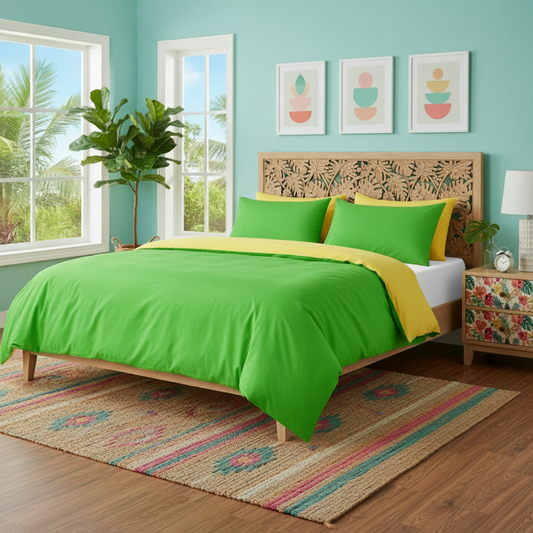 100% Cotton Reversible Duvet Cover Set, Lemon Lime