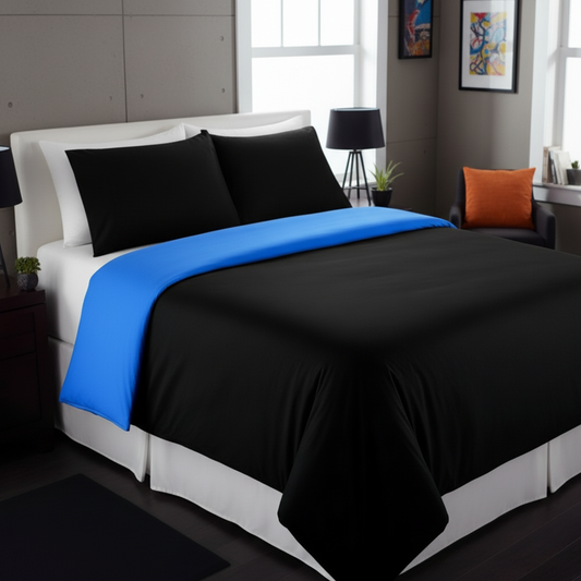 Cotton Deep Blue Black Reversible Duvet Cover Set