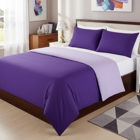 100% Cotton Reversible Duvet Cover Set in Dark Purple & Lavender