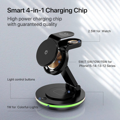 Foldable 4-in-1 Magnetic Wireless Charging Station with 7-Color Night Light for iPhone, Apple Watch & AirPods