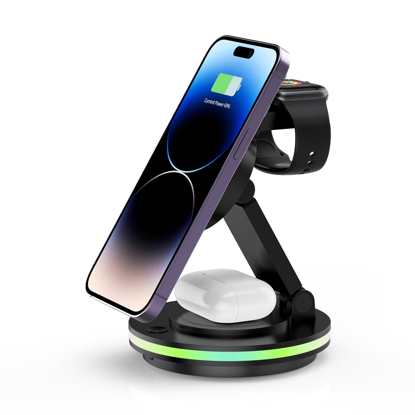Foldable 4-in-1 Magnetic Wireless Charging Station with 7-Color Night Light for iPhone, Apple Watch & AirPods