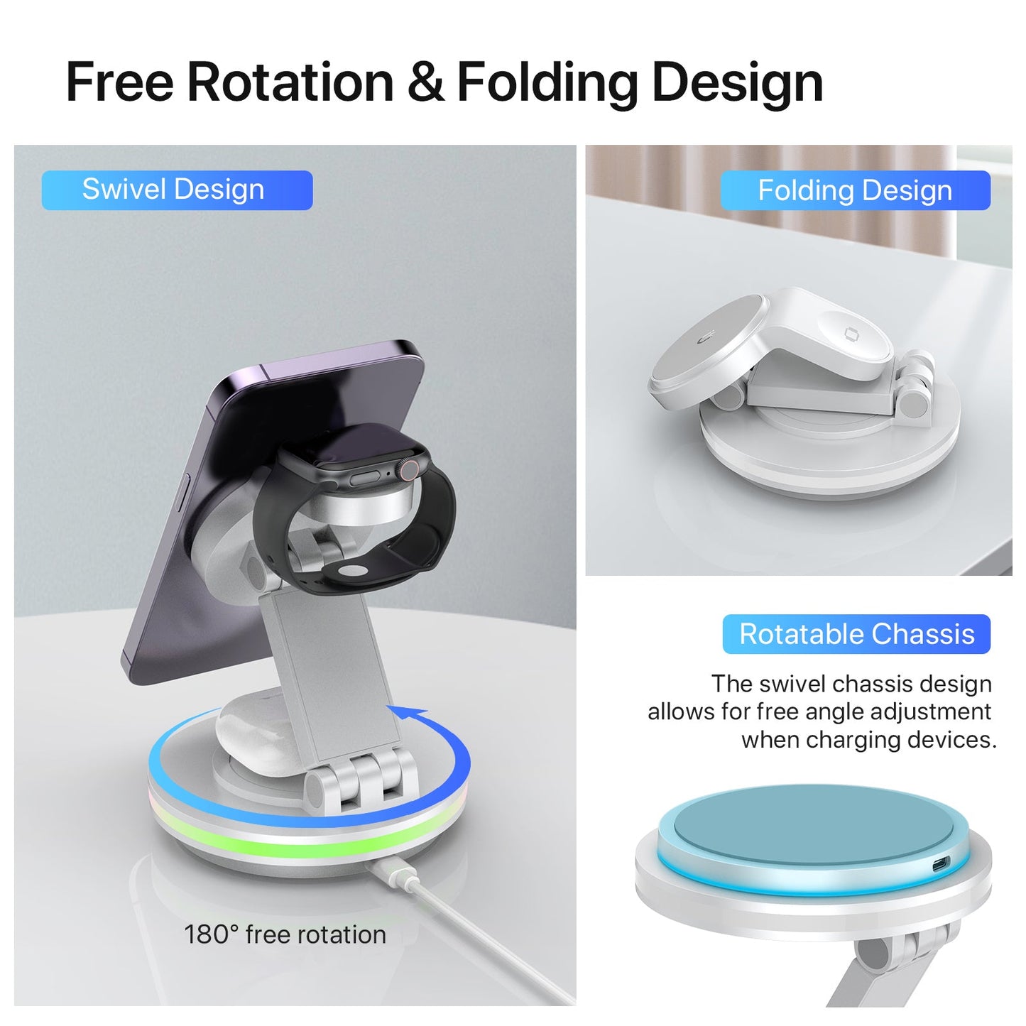 Foldable 4-in-1 Magnetic Wireless Charging Station with 7-Color Night Light for iPhone, Apple Watch & AirPods
